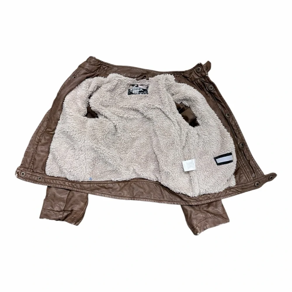 Kids first wave faux Brown Leather bomber/motto‎ Jacket Sherpa lined